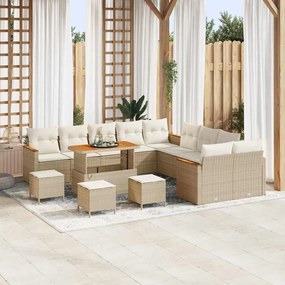 Conjunto de Sofás de Jardim de 14 Peças com Almofadas Bege Rattan Poly