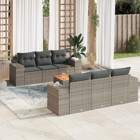 7 pcs conjunto sofás p/ jardim c/ almofadões vime PE cinzento