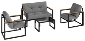 Conjunto de Jardim de 4 Peças com 2 Poltronas e 1 Sofá de 2 Lugares com Almofadas e Mesa de Centro Cinzento e Preto