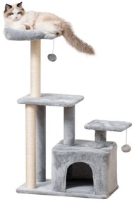 Arranhador para Gatos Altura 114 cm com Postes de Sisal 3 Plataformas Caverna e 2 Bolas Suspensas Cinza Claro