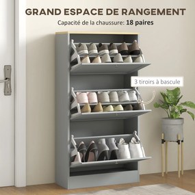 Sapateira com capacidade para 18 pares, com 3 gavetas rebatíveis e prateleiras ajustáveis, 60 x 23,5 x 115 cm, cinzento