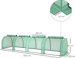 Mini estufa de jardim para tomates, 4 x 1 x 0,80 m, em aço com revestimento de PE anti-UV, 4 portas com fecho de correr enroláveis, verde