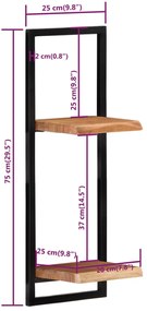 Prateleiras de parede 2 pcs 25x25x75 cm acácia maciça e aço