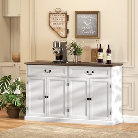 Aparador de sala, móvel de arrumação com 4 portas, 2 gavetas silenciosas, prateleiras ajustáveis, 140 x 40 x 85 cm, branco e castanho