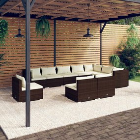 vidaXL 10 pcs conjunto lounge jardim c/ almofadões vime PE castanho