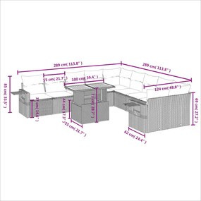 11 pcs conjunto sofás de jardim c/ almofadões vime PE bege