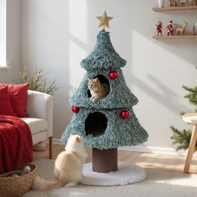 Arranhador em forma Árvore de Natal para gatos de interior 59 x 59 x 123 cm com 2 cavernas e Bolas pendentes verde