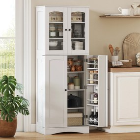 Armário de cozinha  60 x 40 x 162 cm com vitrina em acrílico, 4 portas, 10 compartimentos, 8 suportes para prateleiras, branco