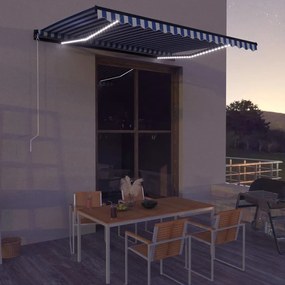 vidaXL Toldo retrátil manual com LEDs 400x300 cm azul e branco