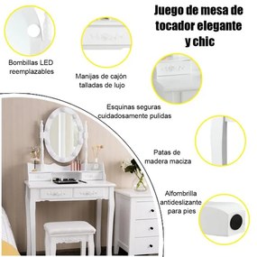 Conjunto Toucador e Banco Acolchoado Mesa de Maquilhagem com Espelho Oval Iluminado 10 Luzes LED e Interruptor Táctil Branco