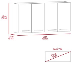 Móvel mural de cozinha em melamina Paris com 4 armários e 2 prateleiras 60 x 120 x 33,5 cm, Preto