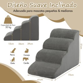 Escada de espuma de 4 níveis para cães com cobertura lavável com fecho de correr para sofás-cama altos 72 x 41 x 51 cm Cinzento