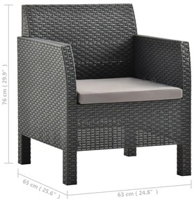 3 pcs conjunto lounge jardim com almofadões vime PP antracite