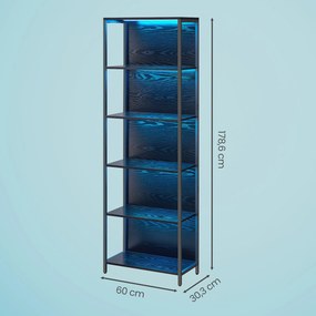 Estante de 6 prateleiras com luzes LED ajustáveis 30,3 x 60 x 178 cm preta