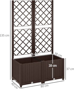 Floreira com treliça, canteiro elevado, para exterior, com 6 orifícios de drenagem, 80 x 40 x 135 cm, castanho