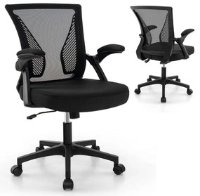 Cadeira de escritório ergonómica giratória ajustável com apoios de braços rebatíveis Encosto em 2 partes Encosto giratório de 30° Preto