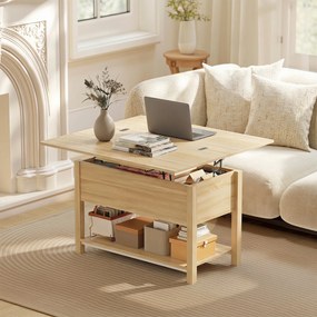 Mesa de centro elevável e extensível, com compartimento oculto e prateleira aberta, 100 x 45 x 50,5 cm, em cor madeira natural