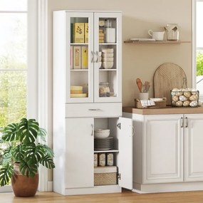 Armário de Cozinha 60x35x180 cm com 2 Armários e uma Gaveta, Prateleiras Reguláveis e Portas de Vidro Branco