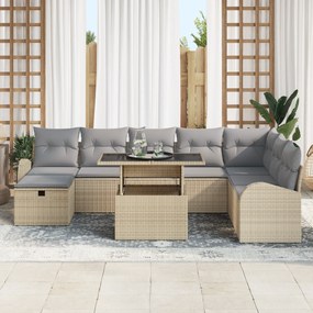 Conjunto de Sofá de Jardim de 9 Peças com Almofadas Bege Rattan Poli