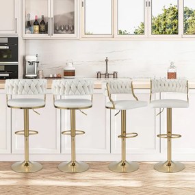 2 bancos de cozinha altos em veludo, altura regulável, giratórios com apoio para pés, para sala de jantar, café, bar, 48 x 47 x 85-107 cm, branco