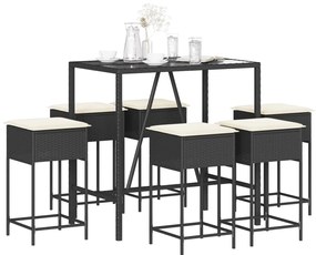 7 pcs conjunto de bar para jardim c/ almofadões vime PE preto