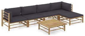 6 pcs conj. lounge jardim em bambu c/ almofadões cinza-escuro