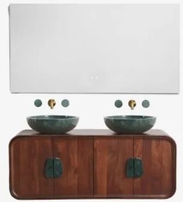 Conjunto De Móvel De Casa De Banho Dupla Suspensa 130x45 Cm Em Madeira De Manga E Pedra Natural Kivalina Retangular Led E Anti-embaciamento 140x75 Cm