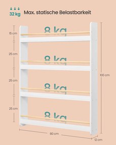 Estante para quarto infantil 12 x 80 x 100 cm com 4 prateleiras em branco