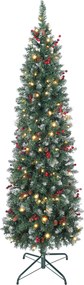 HOMCOM Árvore de Natal Slim 180 cm com Luzes LED 8 Modos de Iluminação 461 Ramos com Purpurina Prateada Pinhas e Bagas Verde | Aosom Portugal
