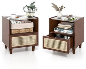 Conjunto de 2 Mesas de cabeceira de bambu e rattan com gaveta e pernas de madeira maciça  43 x 35 x 50 cm Castanho