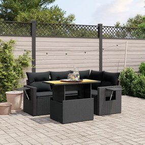 5 pcs conjunto sofás de jardim com almofadões vime PE preto