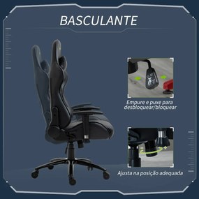 Cadeira de Gaming Ergonômica Giratória com Altura Ajustável Apoio para os Braços Apoio para a Cabeça e Almofada Lombar Couro Sintético 73x71x128-136cm