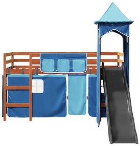 Cama alta para criança com torre 90x190 cm pinho maciço azul