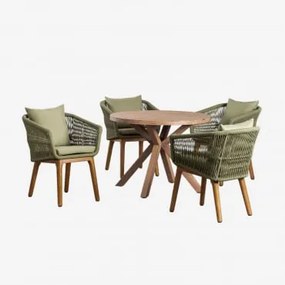 Conjunto De Mesa Redonda De Madeira (ø100 Cm) Naele E 4 Cadeiras De Jantar Barker Verde Bambu - Sklum