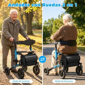 Andador dobrável com rodas para idosos, com assento, encosto, malha, suspensão por molas, suporte para bengala e bolsa, 4 rodas, preto + azul