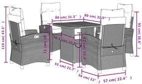 5 pcs conjunto de jantar p/ jardim c/ almofadões vime PE cinza