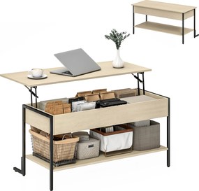 Mesa de centro com tampo elevável, mesa de sala com compartimento oculto e prateleira aberta, 95 x 40 x 59 cm, madeira natural