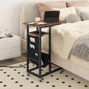 Mesa lateral em formato de C com estação de carregamento, tampo extensível e mesa de sofá com bolso lateral cinza