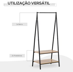 Suporte para Cabides com 2 Prateleiras de Armazenamento Barra para Pendurar e Estrutura de Aço 64x42,5x149 cm Preto