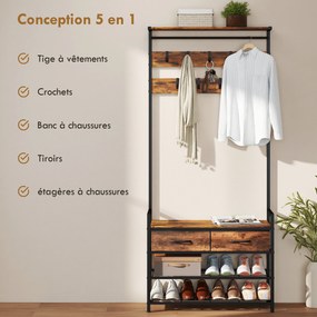Móvel de Entrada Porta-Casacos e Sapatos, 80 x 30 x 181,5 cm, Organização 5 em 1, Castanho Rústico