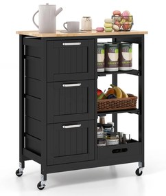 Carrinho de ilha de cozinha com tampa de madeira 3 gavetas de arrumação 2 Estantes e tabuleiro 67 x 37 x 83,5 cm Preto