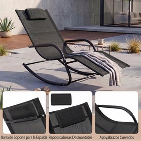 Cadeira de baloiço para exterior, respirável, com braços curvos e encosto de cabeça amovível, para varanda, jardim ou terraço, preta