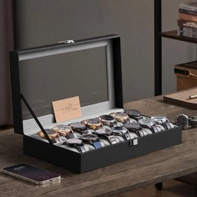 Caixa para relógios em couro PU 34,8 x 20 x 7,5 cm com tampa de vidro e 14 compartimentos Preto