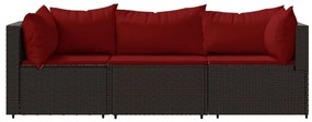 3 pcs conjunto lounge jardim c/ almofadões vime PE castanho