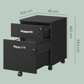 Bloco de gavetas escritório com rodas 43,8 x 40 x 54,4 cm, com fechadura, arquivo com 2 gavetas preto