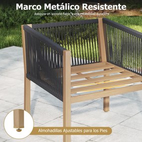 Conjunto Jardim de 3 peças de mobiliário de exterior em corda trançada com almofadas, para terraço, jardim ou varanda Castanho, preto e bege
