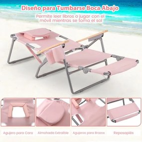 Cadeira de praia dobrável 3 em 1 com orifício para o rosto, apoio para os pés, encosto reclinável e transportável para apanhar sol, Rosa