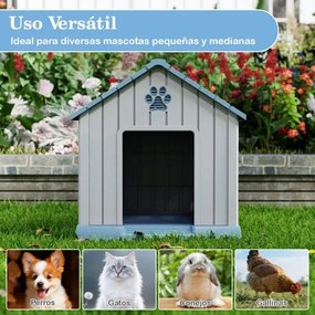 Casota de plástico  para cães 76 x 83 x 83 cm impermeável e isolada com ventilação, piso elevado para interior e exterior, azul + cinza
