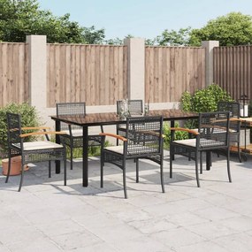 7 pcs conjunto de jantar p/ jardim c/ almofadões vime PE preto