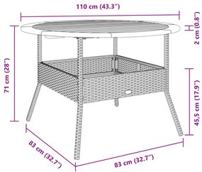 Mesa de jardim com tampo de acácia Ø110x71 cm vime PE cinza